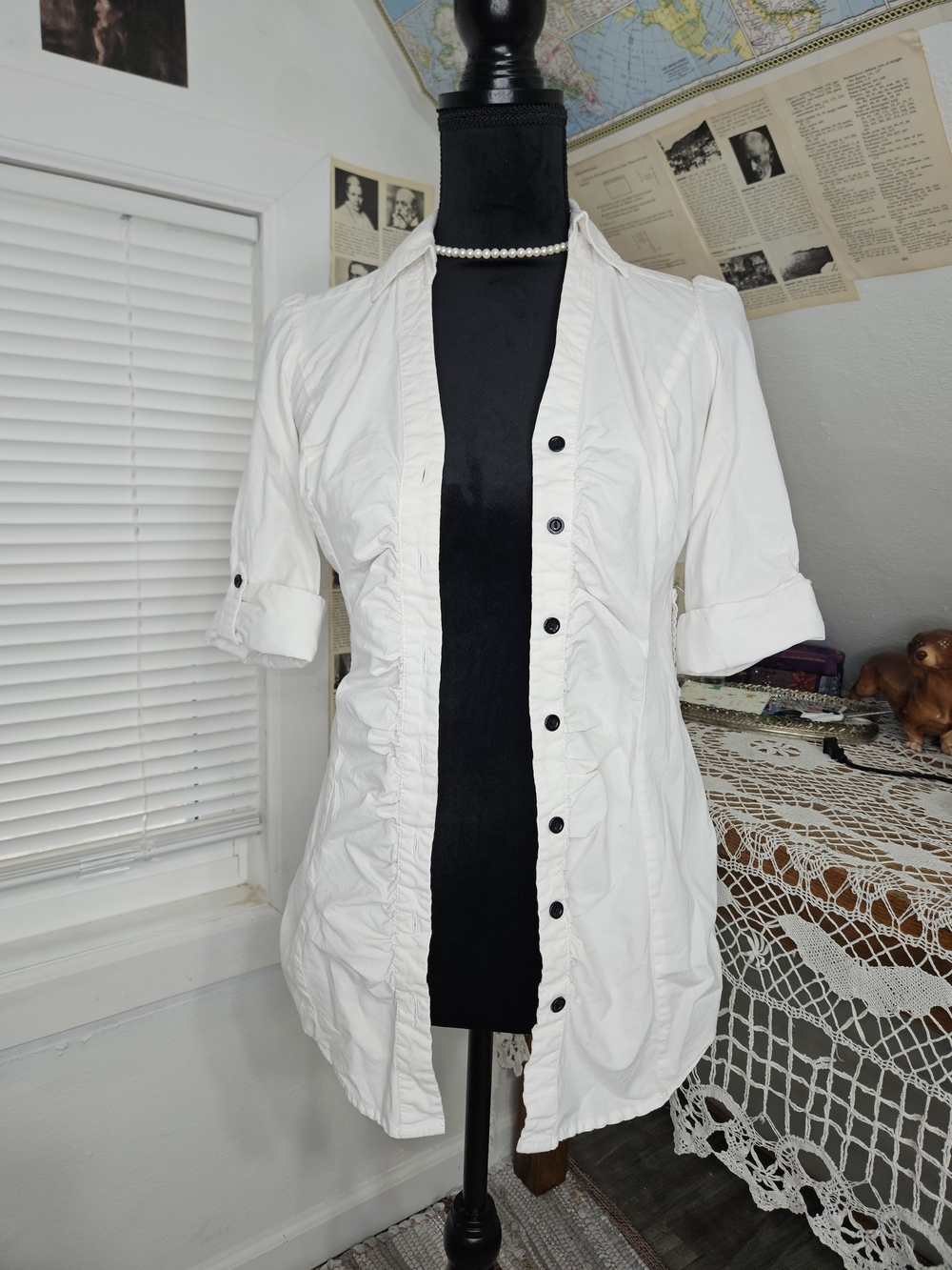 Andrew & Co White Button-Front Ruched Shirt Y2K